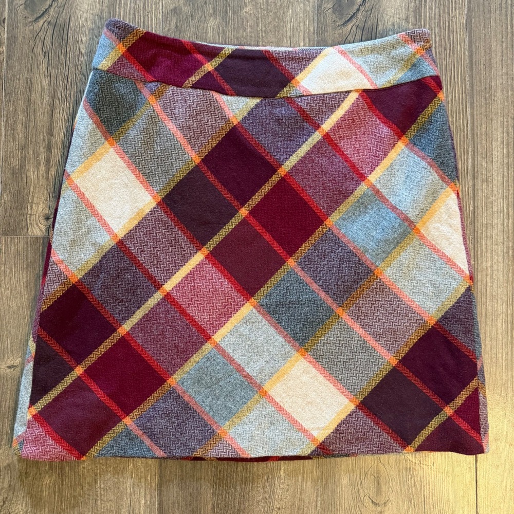 Talbots Plaid Herringbone Wool Blend Mini Skirt Burgundy Grey Academia Size 12